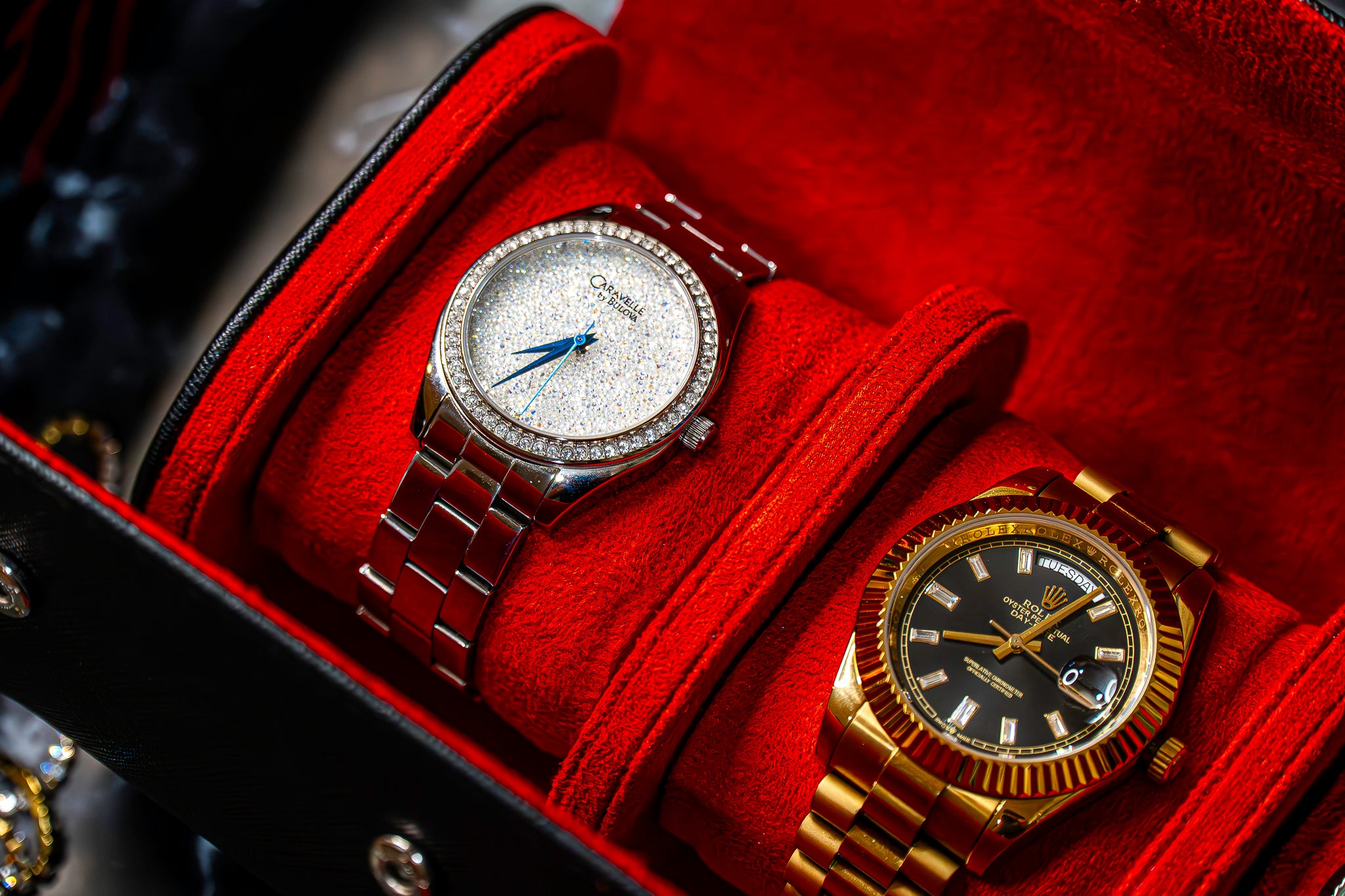 Elevate your watch storage game with this exquisite personalized red and black leather watch roll and watch case, accented with stylish black stitching. Crafted for travel, it's a portable watch organizer perfect for dad, mom, boyfriend, girlfriend, or any watch enthusiast in your life. Personalize it for a thoughtful gift on birthdays, anniversaries, Father's Day gift, Mother's Day gift, Christmas gift, or any special occasion. With space for three watches, keep timepieces safe and secure on the move