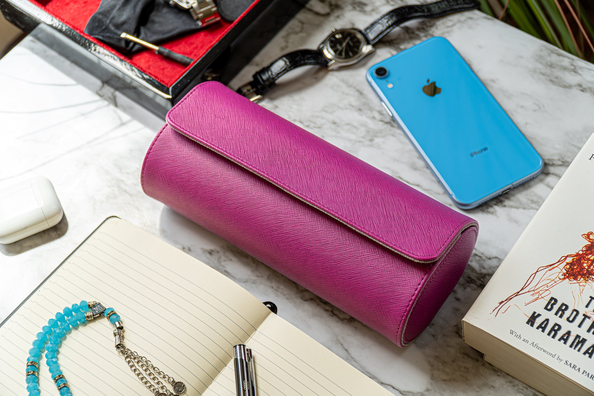 Elevate your watch storage game with this exquisite personalized purple and gray leather watch roll and watch case, accented with stylish purple stitching. Crafted for travel, it's a portable watch organizer perfect for dad, mom, boyfriend, girlfriend, or any watch enthusiast in your life. Personalize it for a thoughtful gift on birthdays, anniversaries, Father's Day gift, Mother's Day gift, Christmas gift, or any special occasion. With space for three watches, keep timepieces safe and secure on the move