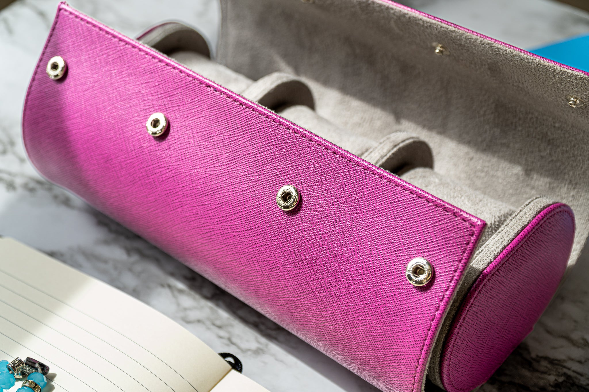 Elevate your watch storage game with this exquisite personalized purple and gray leather watch roll and watch case, accented with stylish purple stitching. Crafted for travel, it's a portable watch organizer perfect for dad, mom, boyfriend, girlfriend, or any watch enthusiast in your life. Personalize it for a thoughtful gift on birthdays, anniversaries, Father's Day gift, Mother's Day gift, Christmas gift, or any special occasion. With space for three watches, keep timepieces safe and secure on the move