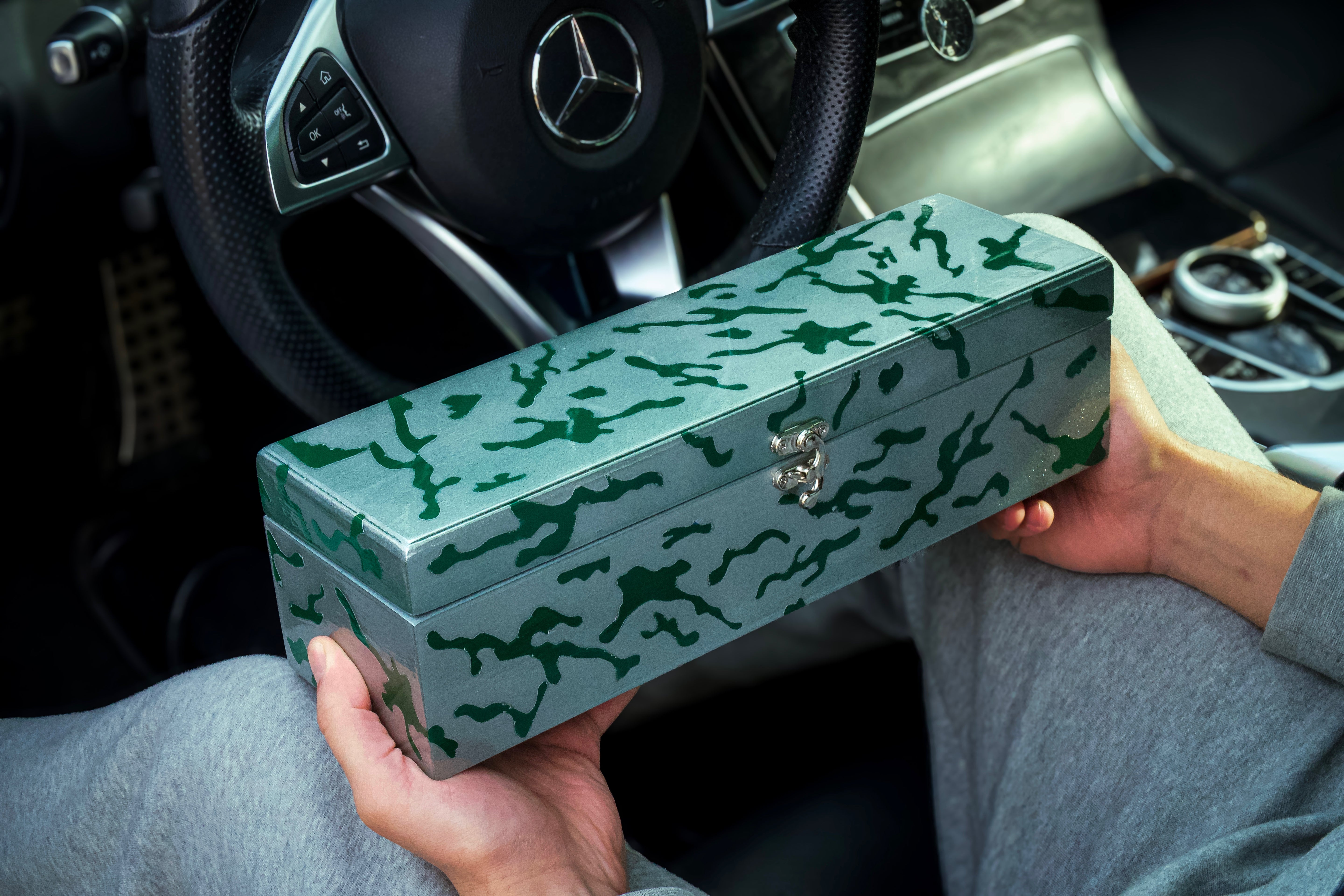 Green Camo Luxury Watch box with Purple Velvet