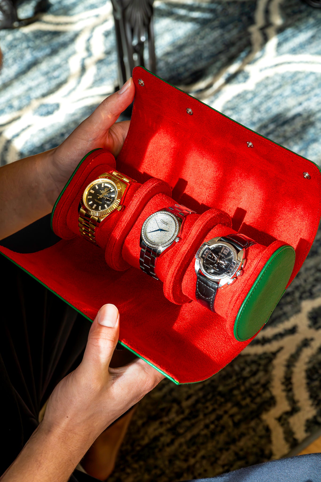 Elevate your watch storage game with this exquisite personalized  green/red leather watch roll and watch case, accented with stylish green stitching. Crafted for travel, it's a portable watch organizer perfect for dad, mom, boyfriend, girlfriend, or any watch enthusiast in your life. Personalize it for a thoughtful gift on birthdays, anniversaries, Father's Day gift, Mother's Day gift, Christmas gift, or any special occasion. With space for three watches, keep timepieces safe and secure on the move