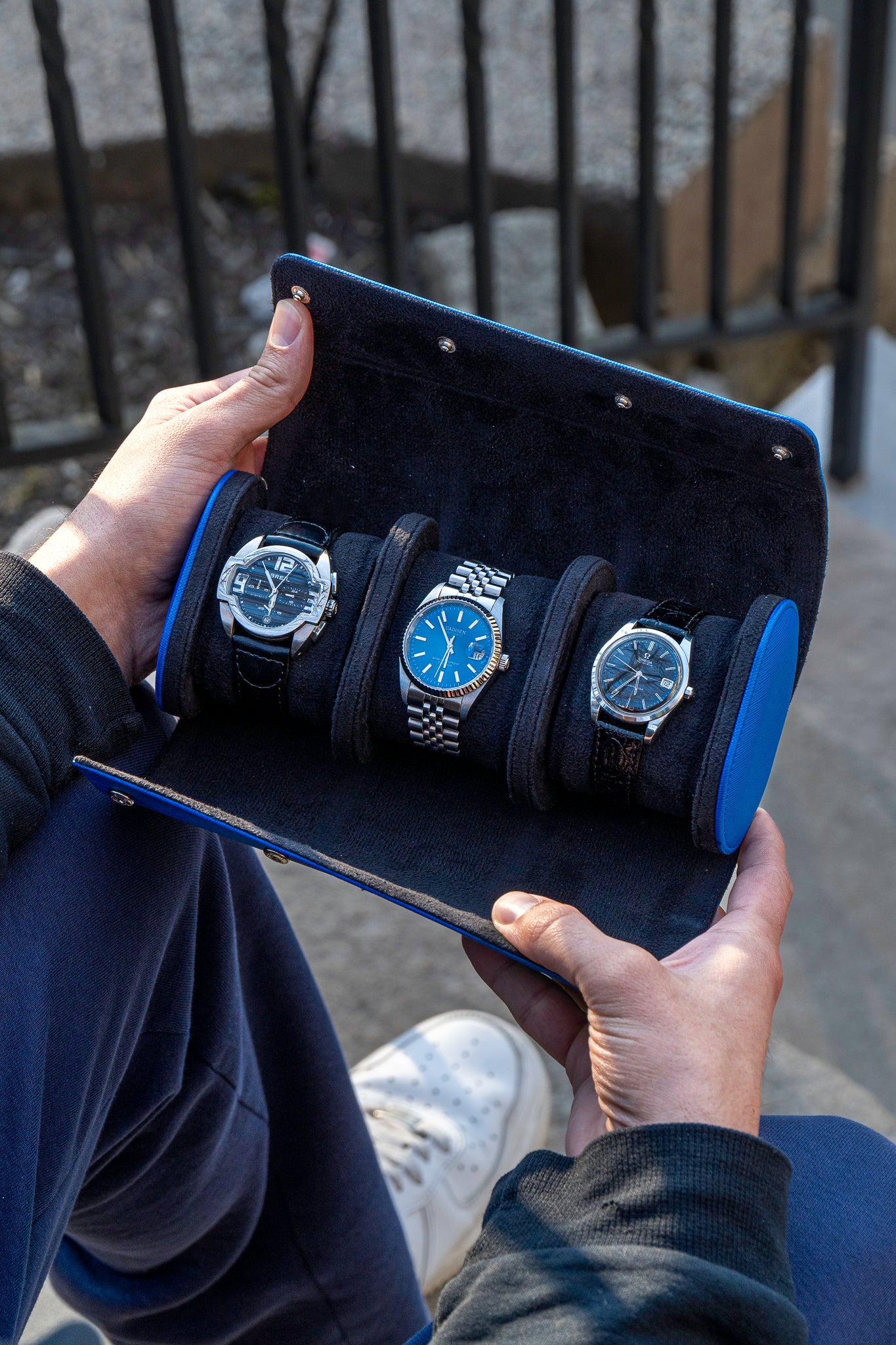 Elevate your watch storage game with this exquisite personalized blue leather watch roll and watch case, accented with stylish blue stitching. Crafted for travel, it's a portable watch organizer perfect for dad, mom, boyfriend, girlfriend, or any watch enthusiast in your life. Personalize it for a thoughtful gift on birthdays, anniversaries, Father's Day gift, Mother's Day gift, Christmas gift, or any special occasion. With space for three watches, keep timepieces safe and secure on the move