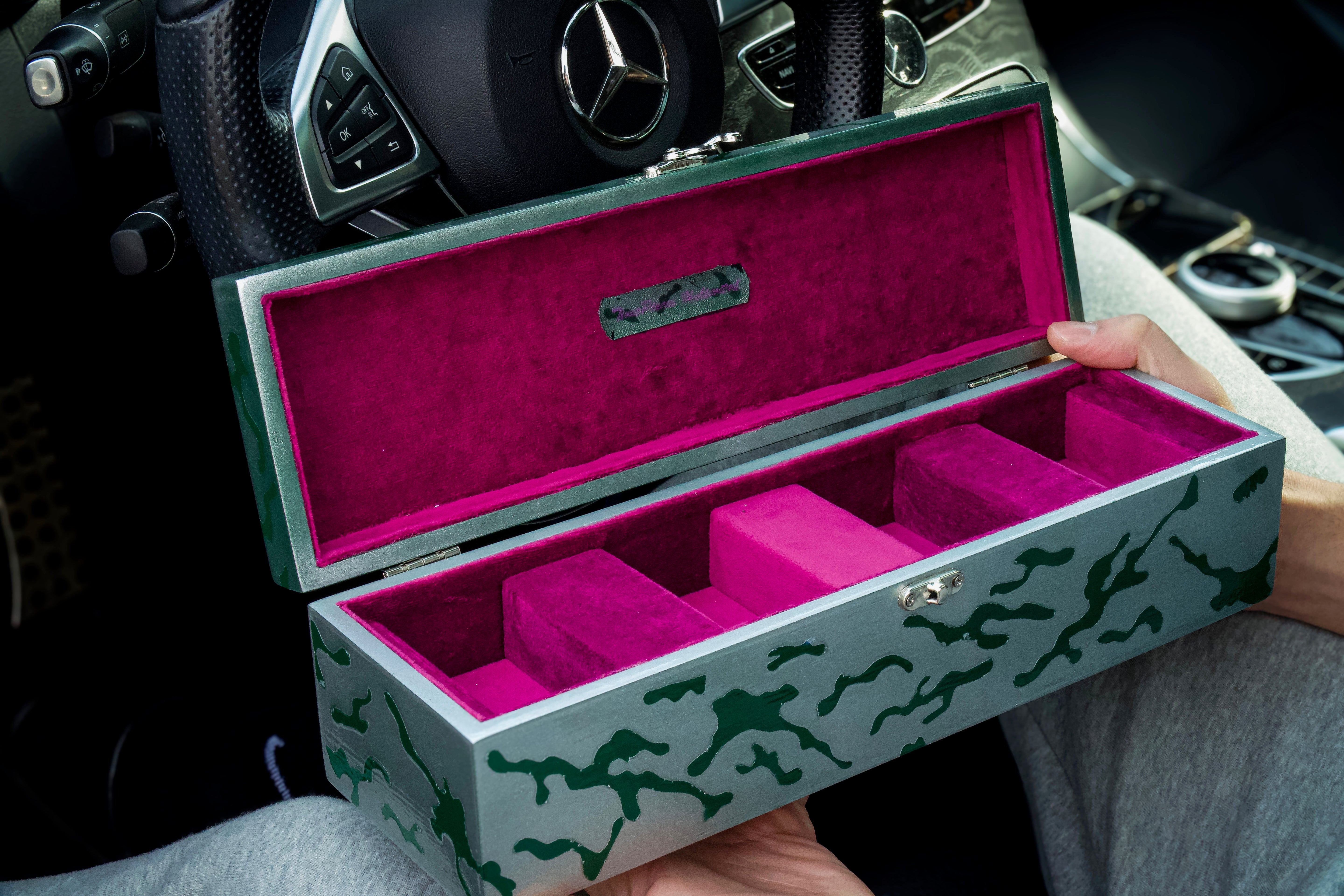 Green Camo Luxury Watch box with Purple Velvet